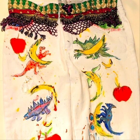 Wendy Gell White Jeans Hand-painted Dinosaurs Warhol Bananas Pumpkins Pop Art.